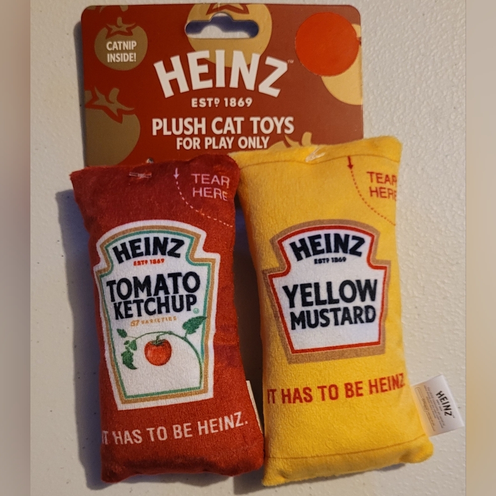 Plush Heinz Cat Toys, Red and Yellow, Ketchup & Mustard Squeeze Packets, Catnip!